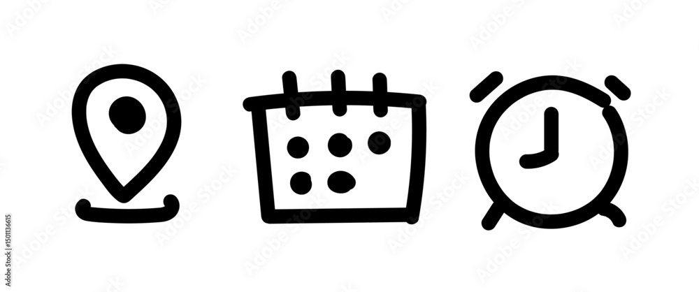 Aufkleber simple line doodle location address and time icons set. clock / watch or time icon. hand drawn date 