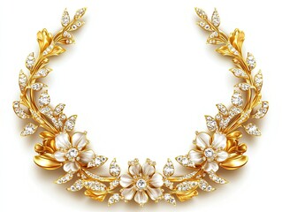 Ornate gold floral wreath with diamonds and pearls.  Detailed filigree design,  circular frame
