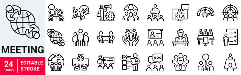 Meeting web icon set in line style. Conference, team, brainstorm, seminar, interview, collection. Vector illustration. Editable stroke