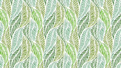 Seamless pattern of stylized leaves in shades of green and white on a white background