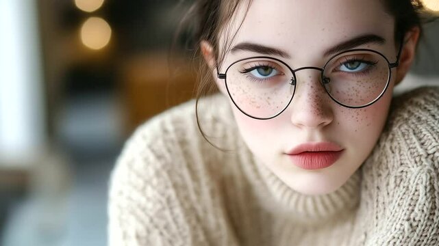 Gen Z woman with round glasses, a casual sweater, and natural freckles, staring into the camera with a mix of curiosity and quiet confidence.