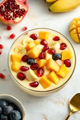 Indian Dessert Fruit Custard with Mixed Fresh Fruits in Vanilla Cream on Marble Countertop