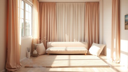 A bright, minimalist living room with beige curtains, a white sofa, a large cushion, a vase with branches, and a window letting in natural light. Generative, AI,