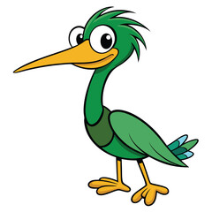 Obraz premium Green cartoon bird with large eyes and yellow beak stands smiling confidently