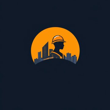 Construction worker in profile with urban skyline silhouette, sunset theme