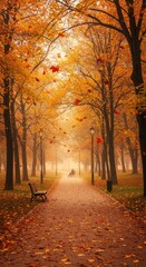 Photo of Autumnal Park Path with Golden Leaves and Foggy Atmosphere