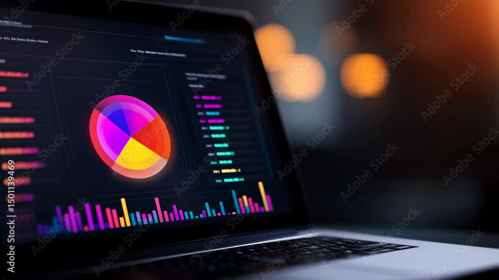 Poster data visualization on a laptop screen displays colorful pie and bar charts in a modern workspace dur