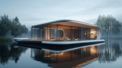 Tranquil lakeside living in a modern glass house reflecting softly on the water at dusk offering serene solitude with