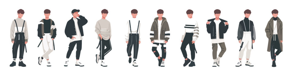 Vector set of a male modern dancer wearing trendy clothes