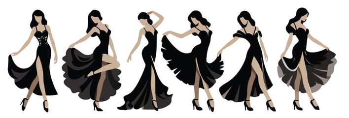 Vector set of female dancers wearing elegant black dresses