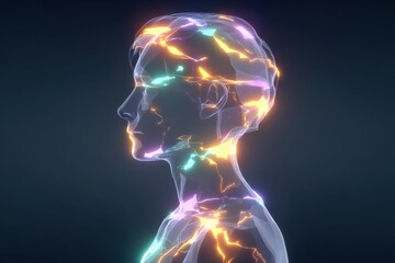 Holographic 3D of Obsessive-compulsive disorder showing fragmented glowing routines within a semi-transparent head with copy space. Futuristic mental lighting.Neuro digital background.