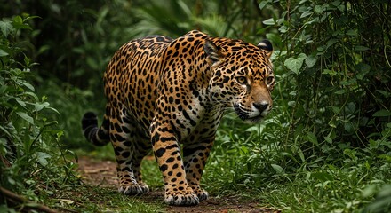 Jaguar Walking in Green Forest