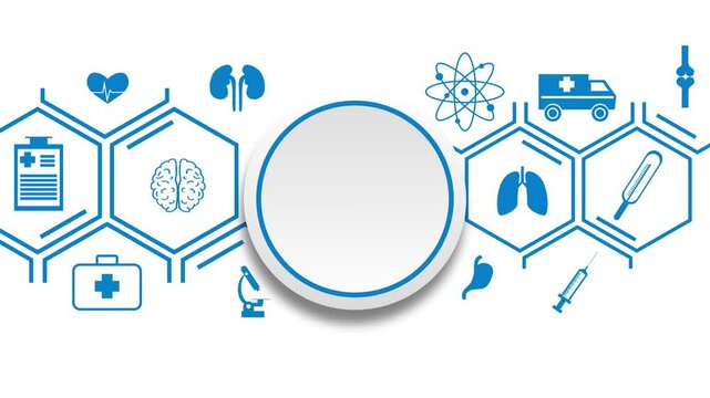Animation of the appearance of blue, medical, icons and a place for a logo or text on a white background, in a vector style. 4K