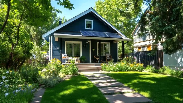 A single-story, energy-efficient ADU with a sloped roof, solar panels, a stylish painted exterior, and a front porch that exudes warmth and charm.