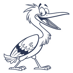 Happy cartoon heron walking with its mouth open and feathers on white background