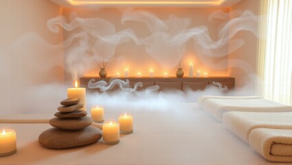 A serene setting with lit candles, smooth black stones, and bamboo leaves casting shadows on a beige background, creating a calming and peaceful atmosphere. Generative, AI,