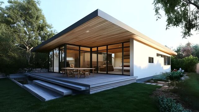 A backyard ADU with a clean architectural design, a sloped roof extending over a shaded porch, and fresh paint that enhances its contemporary appeal.