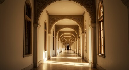 Fototapeta premium Hallway with Arches and Sunlight