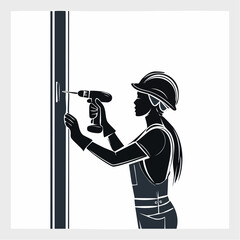 Construction Worker Using Drill Silhouette &mdash; Flat 2D Minimalist Vector