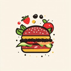 Colorful hamburger with lettuce, tomato, cheese, and strawberries in fun cartoon style.
