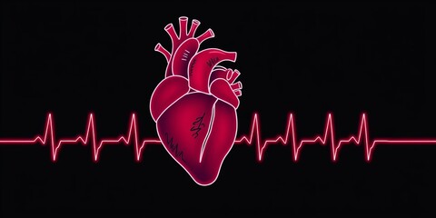 Continuous line drawing of a heart incorporating a cardiogram pulse trace, continuous line, sketch