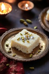Indian Dessert Kalakand with Pistachios and Silver Leaf on Brass Plate with Festive Styling