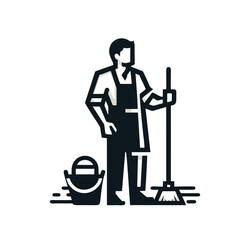 Janitor Logo, Man With Mop and Bucket, Bold Outlines