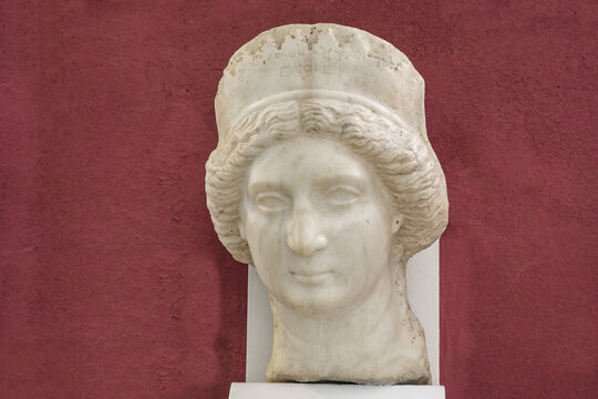 Antique head of a Muse or Queen from the Parthian Empire (250 BC-224 AD). Found in the ancient site of Susa in Iran. Shot in Tehran, Iran