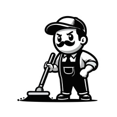 Cartoon Janitor Logo, Janitor Character Sweeping Floor, Bold Black Lines