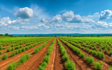 Landscape of green field with rows of plants to harvest. Aerial view of organic farm land with rows with bush seedlings.