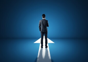 Obraz premium Photo of Businessman Standing on White Arrow Against a Blue Background