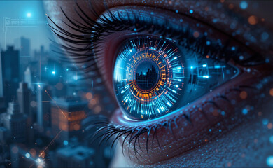 Hyper-Realistic Close-Up of Human Eye Reflecting Futuristic Cityscape with Digital HUD and Glowing Circuitry in Iris