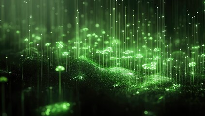 Abstract digital landscape, glowing green particles cascading down, forming a textured surface