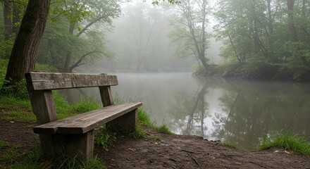 Fototapeta premium Wooden Bench by River on Foggy Morning in Forest