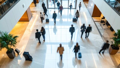 Blurred overhead view of people walking through a bright, spacious, marble-floored lobby