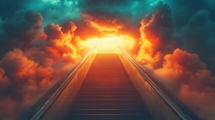Obraz premium Stairs lead to a glowing horizon amidst dramatic, stormy clouds, evoking ascension
