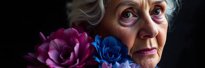 Portrait of an elderly woman, expressive mood, adorned with colorful flowers against a dark background
