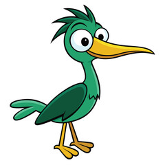 Obraz premium Cartoonish green bird with a long yellow beak stares amusingly to the right side