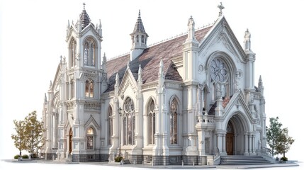 Naklejka premium Exterior view of a grand white gothic church building with stained glass.