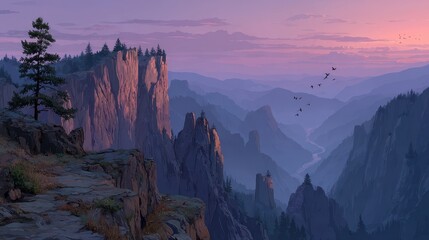 Majestic mountains are illuminated by the warm light of the setting sun.