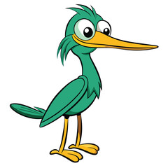 Cartoon teal roadrunner with big eyes stands with a curious gaze on white
