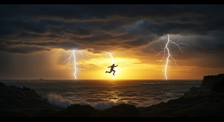 Silhouette of Man Jumping Against a Stormy Sunset with Lightning