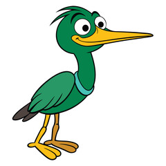 Green cartoon bird with yellow beak is standing and looks happy on white background