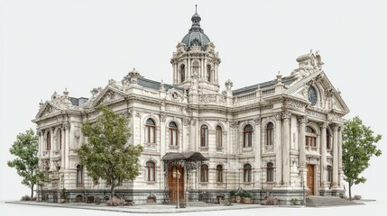 Fototapeta premium Ornate architectural building stands against a stark white seamless backdrop.