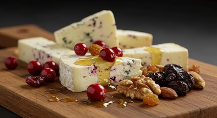 Photo of Gourmet Cheese with Cranberries Honey and Nuts on Wooden Board