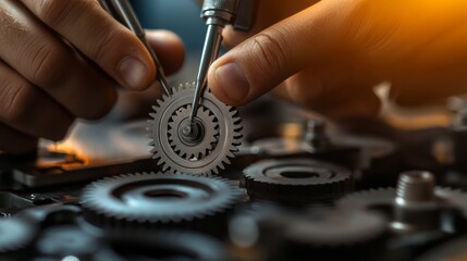 Technician adjusting gears with precision tool, close-up, isolated on white,