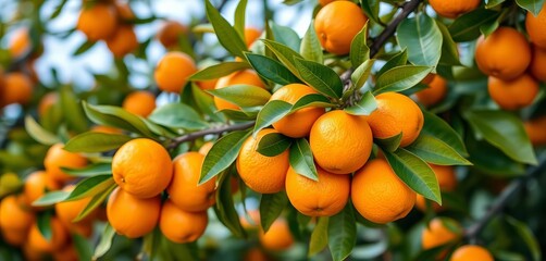 Luscious ripe oranges cluster on a vibrant green branch with glossy leaves, clean, macro