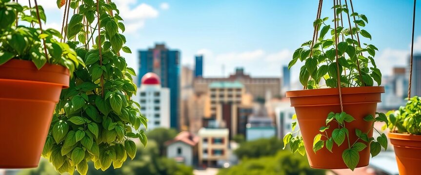 Lush basil plants hang in terracotta pots against a vibrant city backdrop, bathed in sunlight,  vibrant,  sky