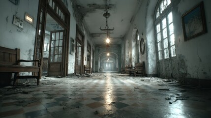 Fototapeta premium A dilapidated hallway with tiled floor and worn walls shows history decay.