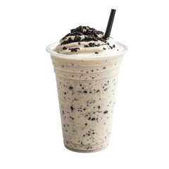 Oreo Milkshake in Plastic Cup with Straw Isolated on Transparent Background, clipping path